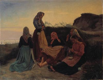 Michael Ancher Girls gathered on Sladrebakken a summernight eve oil painting image